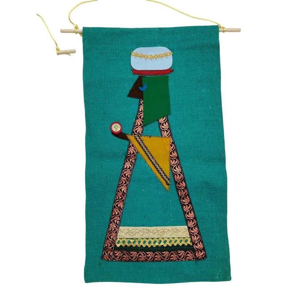 Vintage Burlap 3 Wiseman Christmas Bethlehem Wall Hanging Mid Century Decor
